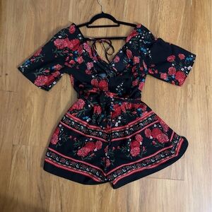 Floral Black and Red Romper